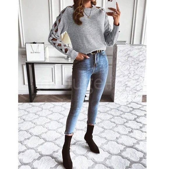 Gray Knit Criss Cross Straps Cut Out Sleeve Sweater Pullover - Picture 5 of 11